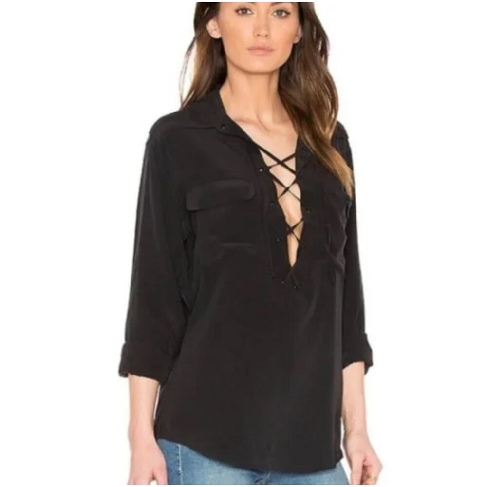 EQUIPMENT FEMME 100% Silk lace up Tunic Womans Small Classic Quiet Luxury Chic